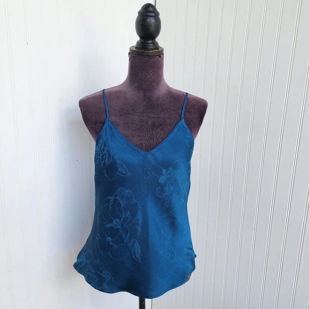 Victoria's Secret Split Back Floral Damask Teal Camisole Rayon Satin Sexy Sz M